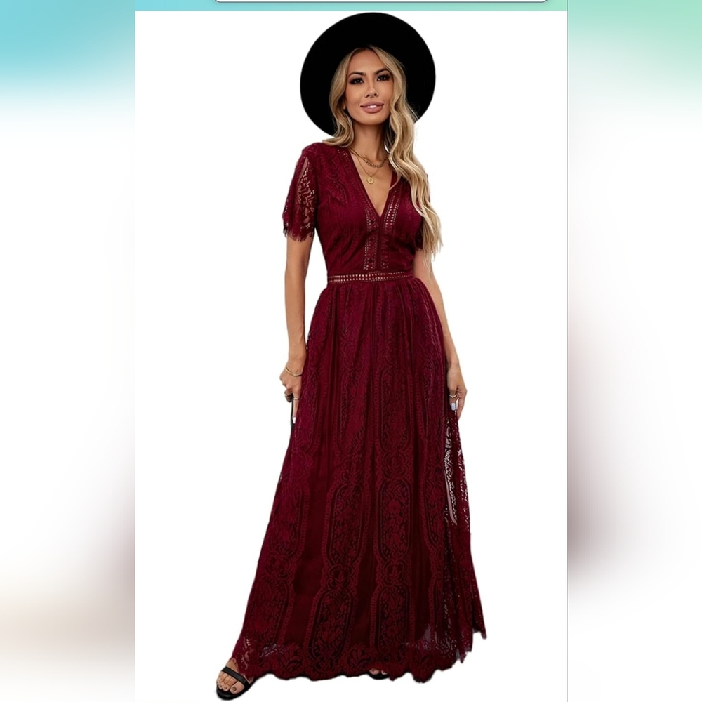 NWOT Women's Sezy V-neck Lace Short Sleeve Dress in Rich Wine Size XL